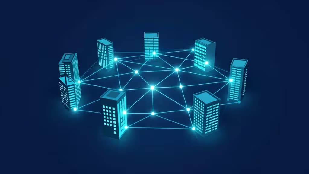 Glowing blue buildings form a secure, interconnected mesh network against a dark background.