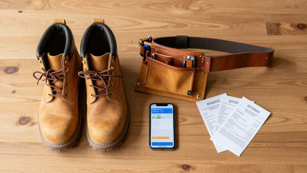 Work boots, tool belt, smartphone, and invoices rest on a wooden floor.