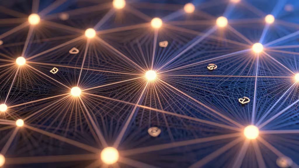 Glowing nodes and threads form a network, symbolizing smart home connectivity.