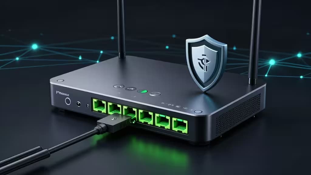 Moderne router met groene datapoorten en een schildpictogram, tegen een donkere technische achtergrond met netwerklijnen