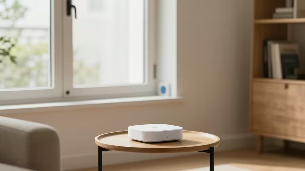 Een moderne huiskamer met een smart home hub op een bijzettafeltje, draadloze sensoren op raam en deur, warme sfeerverlichting en een knusse inrichting