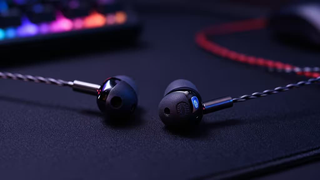 Black IEMs with braided cables rest on a dark gaming mousepad, illuminated by RGB keyboard lights.