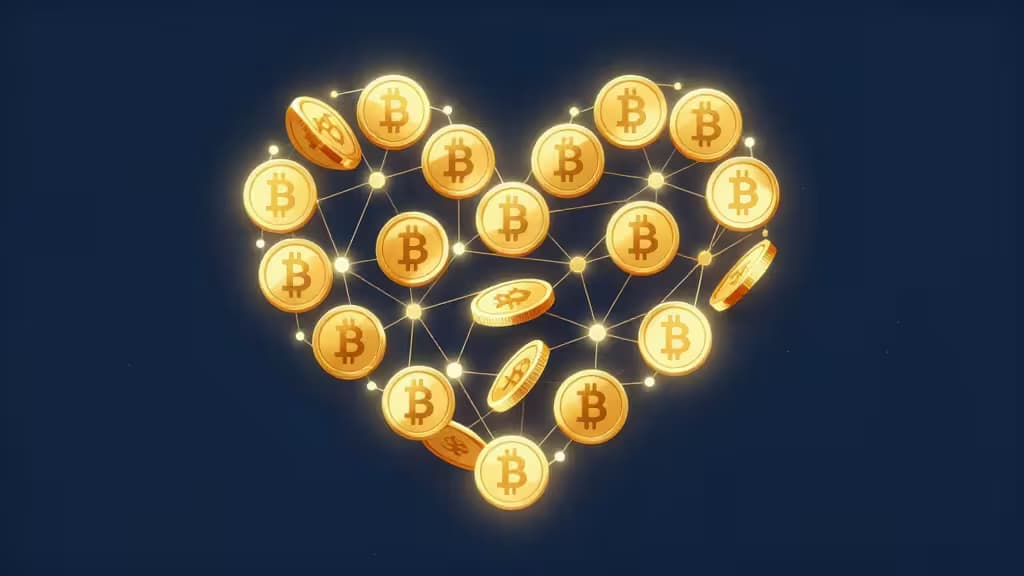 Golden Bitcoin coins and glowing network nodes form a heart shape against a dark blue background.