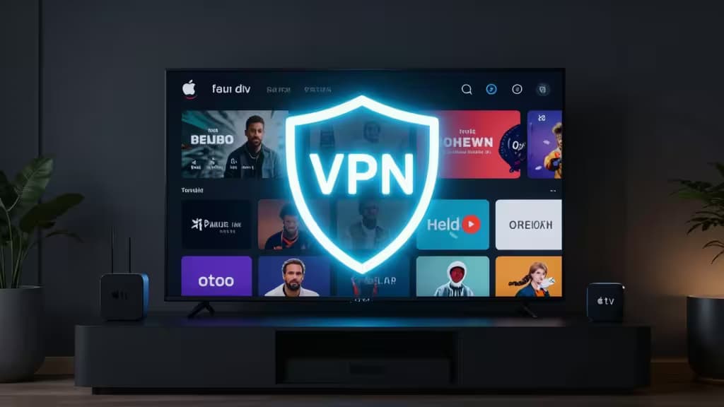 Светящийся синий VPN-щит наложен на большой экран с потоковым контентом в тёмной гостиной.