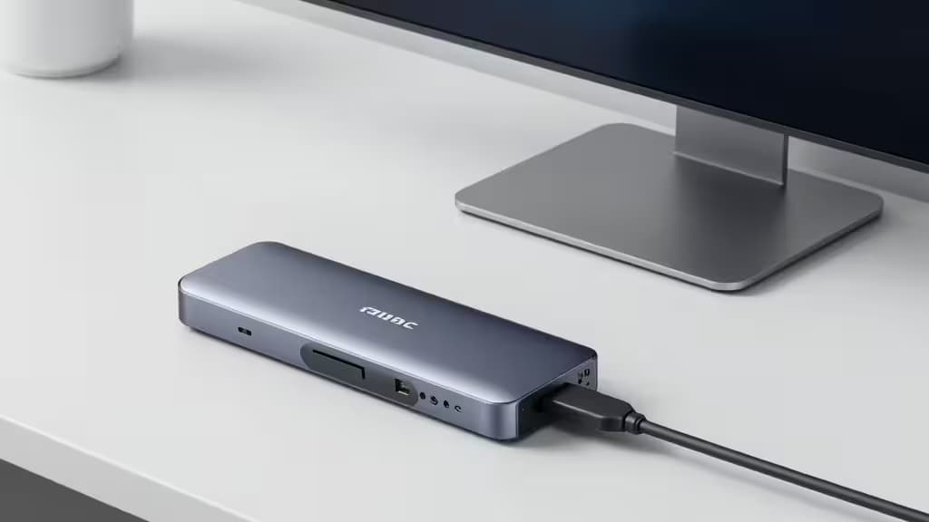 Un hub USB-C plateado sobre un escritorio blanco junto a la base de un monitor, en un entorno de trabajo profesional minimalista.