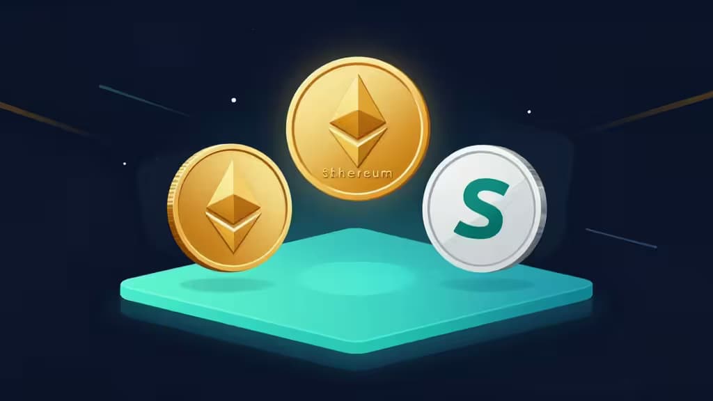 Due monete d'oro Ethereum e una bianca Solana fluttuano su una piattaforma turchese, simboleggiando staking su exchange come Kraken, Coinbase, Crypto.com e Binance.
