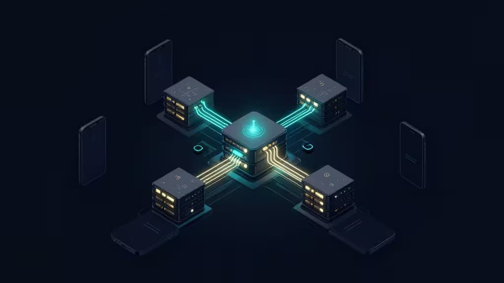 Rappresentazione astratta di infrastruttura backend per app mobile: nodi server luminosi collegati da flussi di dati a sagome di smartphone, sfondo blu scuro con accenti turchese e ambra