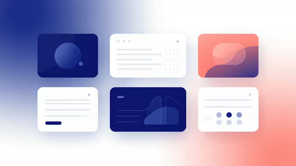Abstract illustration of floating vector shapes, wireframe UI elements, and AI-generated art panels arranged on a gradient background, representing AI-assisted design workflows.