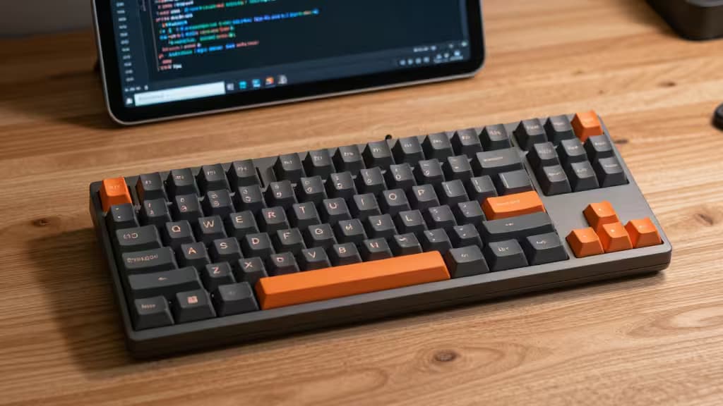 Clavier mécanique gris avec touches orange posé sur un bureau en bois à côté d'une tablette