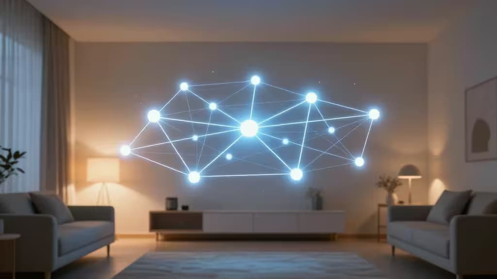 Abstract smart home concept showing a glowing mesh network of interconnected nodes floating above a minimalist living room with warm ambient lighting.