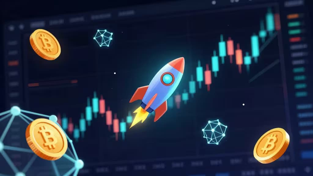Un cohete animado despega hacia arriba entre monedas de Bitcoin doradas flotantes y nodos de red azules brillantes sobre un fondo oscuro de gráfico de velas.