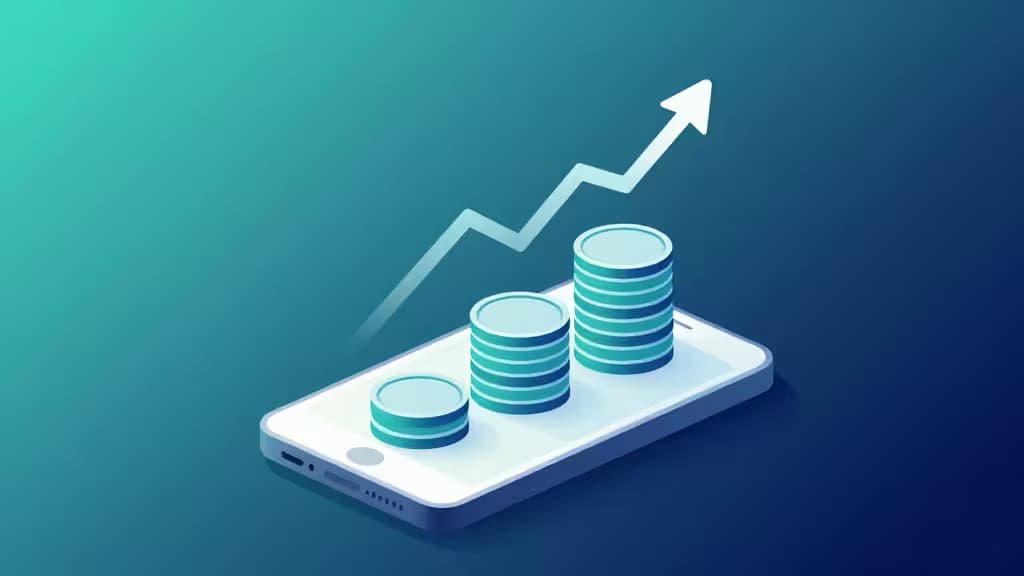 Isometrische smartphone toont stijgende muntenstapels en een opwaartse pijl, symbool voor geautomatiseerde spaargroei in een fintech-esthetiek.