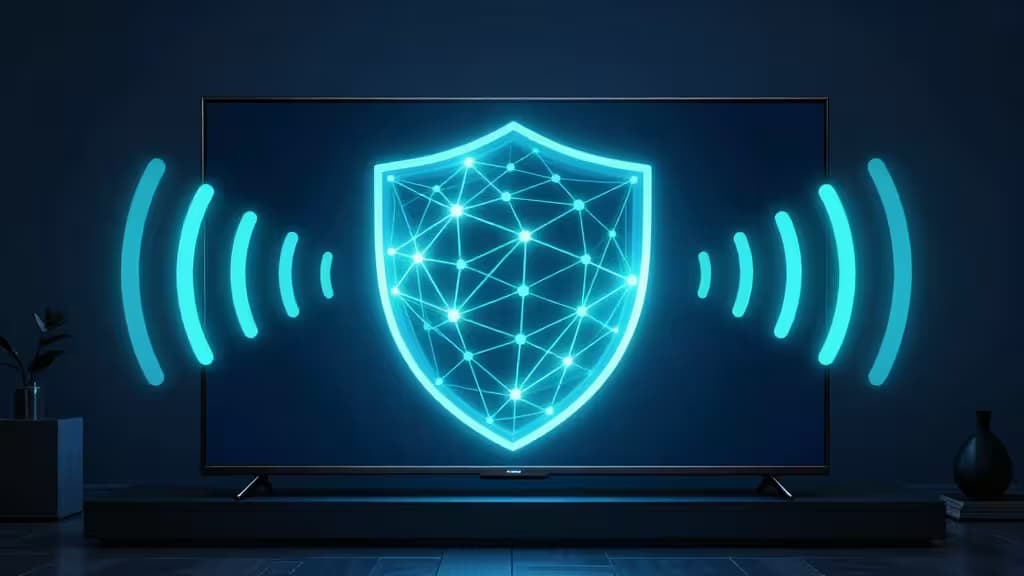 Abstract illustration of a glowing smart TV screen with a network shield signal radiating outward in deep blue and teal tones.