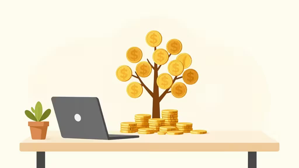 Ilustración: portátil, planta en maceta y árbol de monedas sobre un escritorio simbolizando el ahorro para el retiro de freelancers.