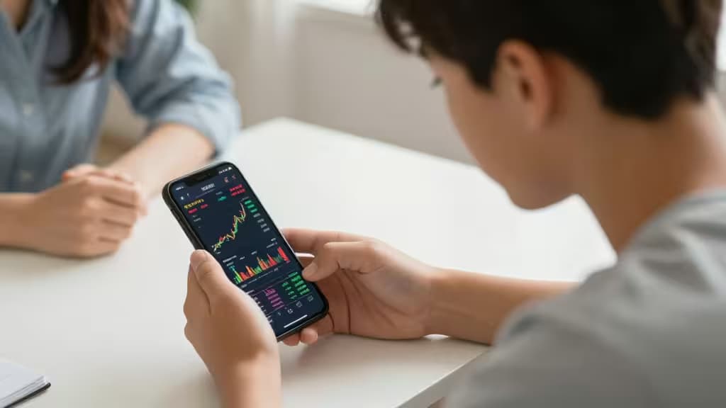 Teen holds smartphone displaying stock charts, parent observes closely at white table.