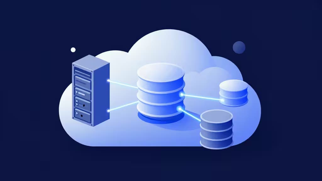 A glowing server rack connects to stacked databases via luminous lines, all nestled inside a soft blue cloud on dark navy.