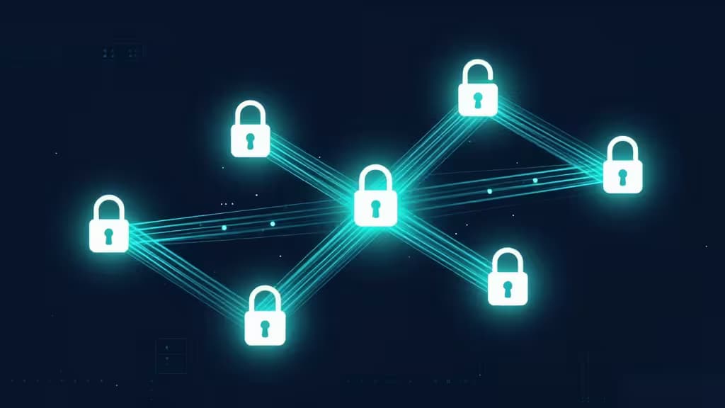 Glowing padlocks interconnected by luminous lines on a dark background, symbolizing secure Kubernetes secrets management.