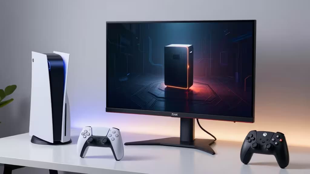 Ein 4K-Gaming-Monitor zeigt ein Konsolenspiel, daneben liegen ein PS5- und ein Xbox-Controller auf einem weißen Schreibtisch.