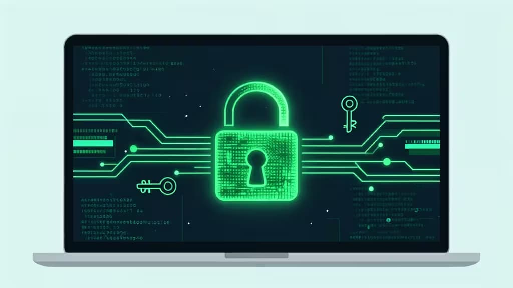Un cadenas lumineux vert sur un écran d'ordinateur portable, entouré de lignes de circuit et de code.
