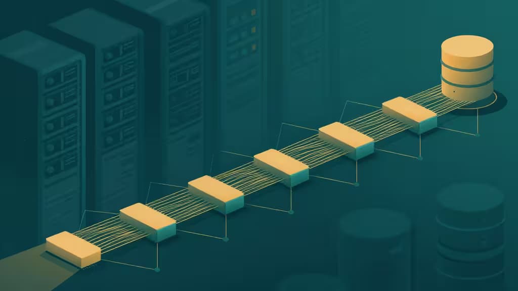 Abstract illustration of data streams flowing through connected nodes and queues in dark teal and amber tones