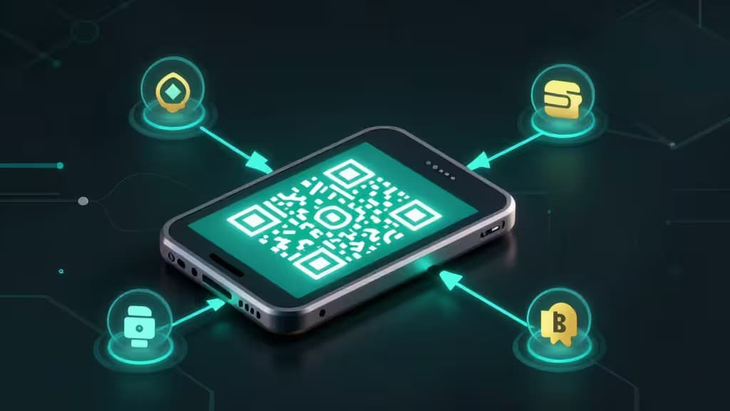 Metallic smartphone displays glowing QR code, surrounded by floating DeFi token icons connected via cyan data lines on dark background.