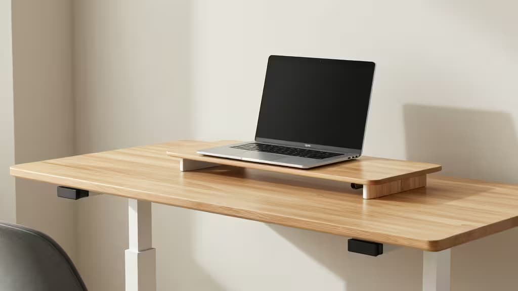 Light wood laptop riser with silver laptop sits atop matching desk, clean lines and soft shadows define minimalist home office setup.