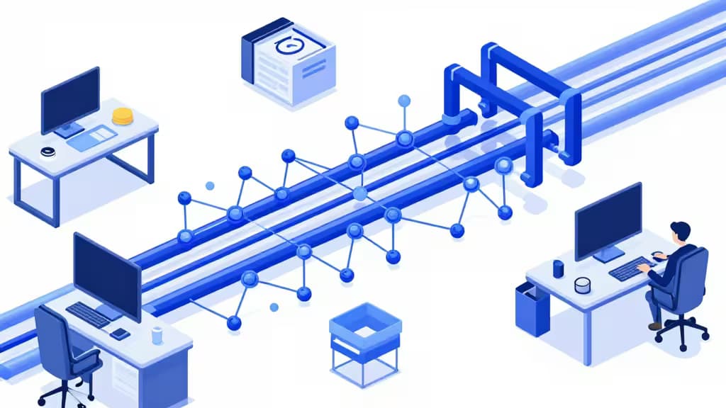 Isometric blue illustration of connected workstations and data pipelines symbolizing AI-driven coding workflows.