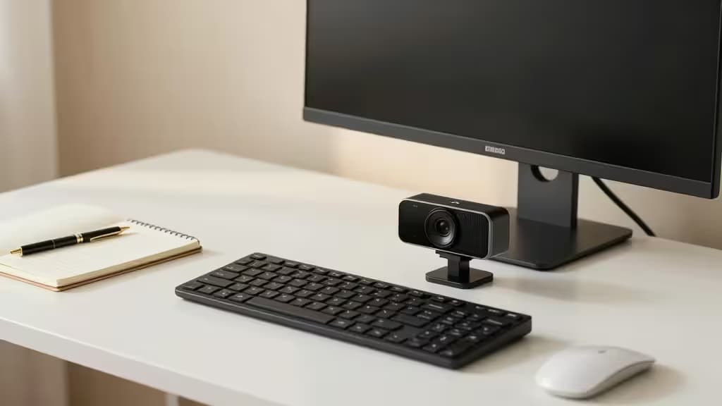Una webcam negra y compacta sobre un monitor en un escritorio blanco, rodeada de teclado, ratón y libreta bajo una iluminación cálida y suave.