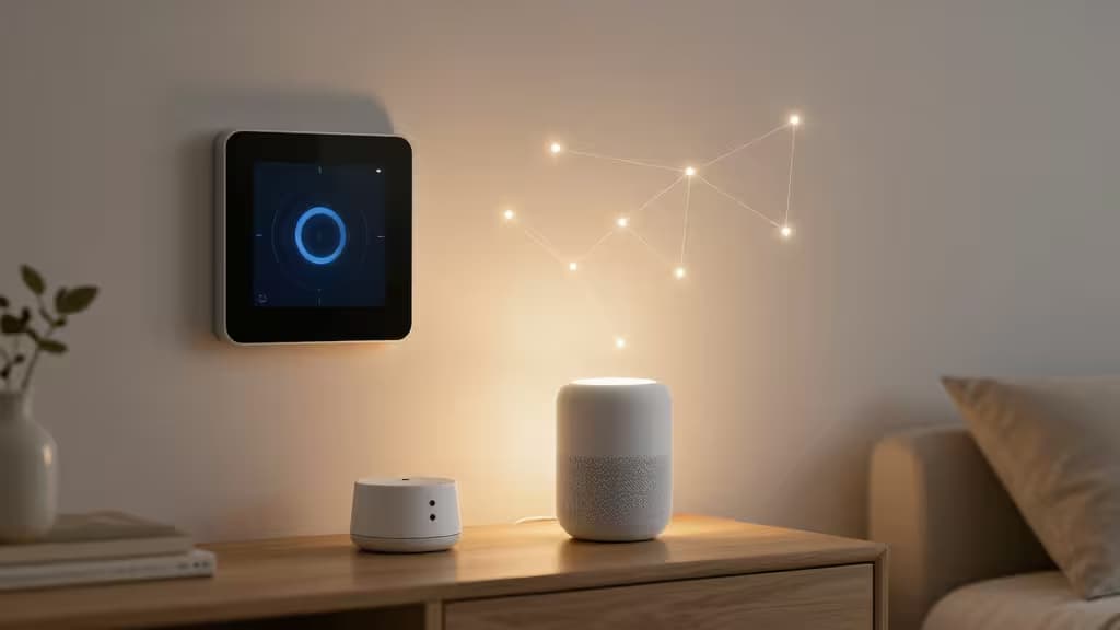A sleek wall-mounted smart display and cylindrical speaker rest on a light wood console, illuminated by warm ambient lighting and a constellation-style string light.