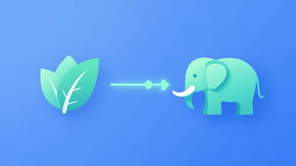 Green leaf icon transforms into elephant via glowing arrow on blue background.