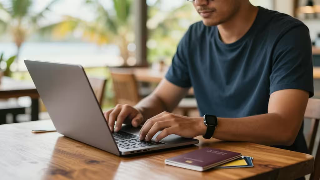 Man types on laptop beside passport and credit cards, embodying fee-free digital nomad travel.