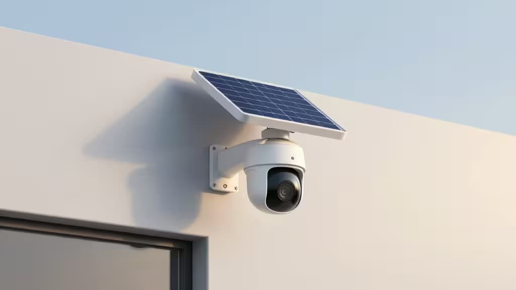 Telecamera di sicurezza solare bianca con pannello fotovoltaico blu montata su muro esterno beige.