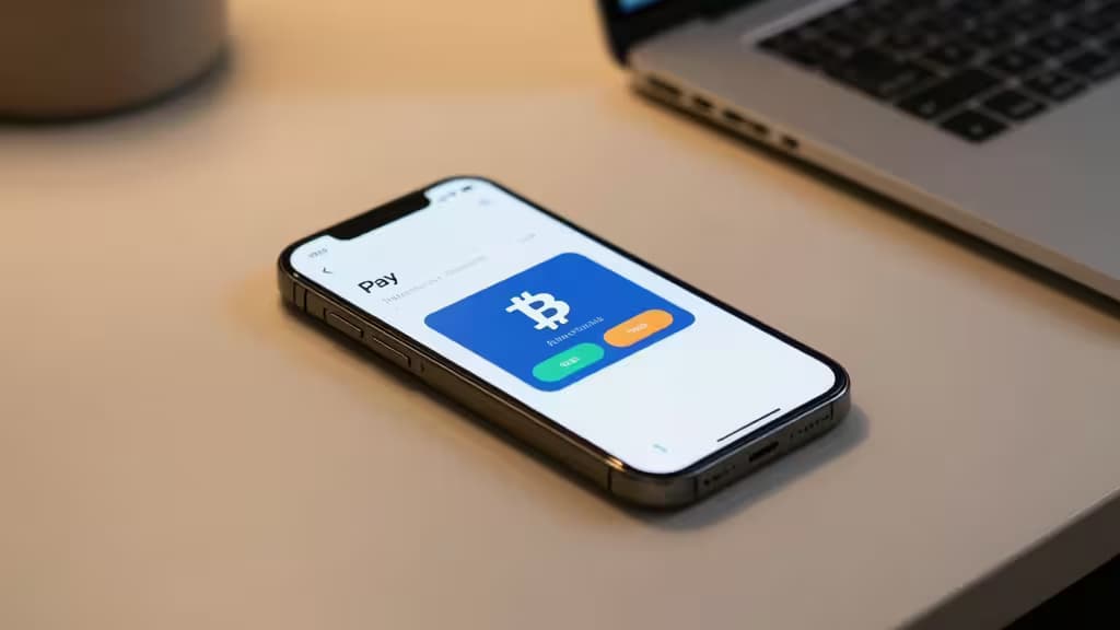 iPhone displays Bitcoin payment interface on desk beside laptop, symbolizing seamless crypto transactions.