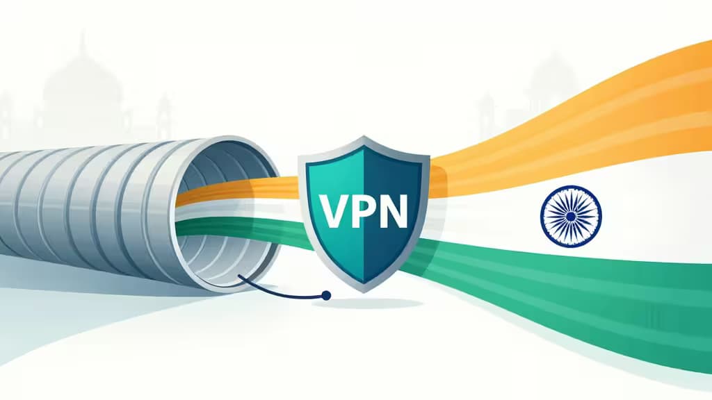 Abstract illustration of a secure VPN tunnel connecting to India with flowing data streams in saffron and teal tones, a shield motif, and subtle Indian architectural silhouettes.