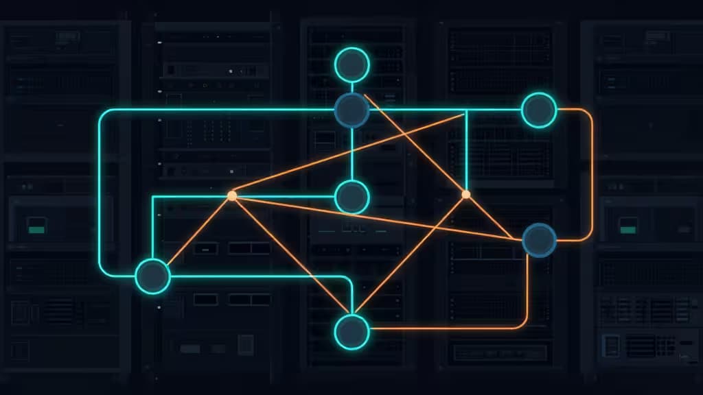 Glowing cyan and orange workflow nodes connect across dark server racks, symbolizing self-hosted orchestration tools like Argo and Tekton.