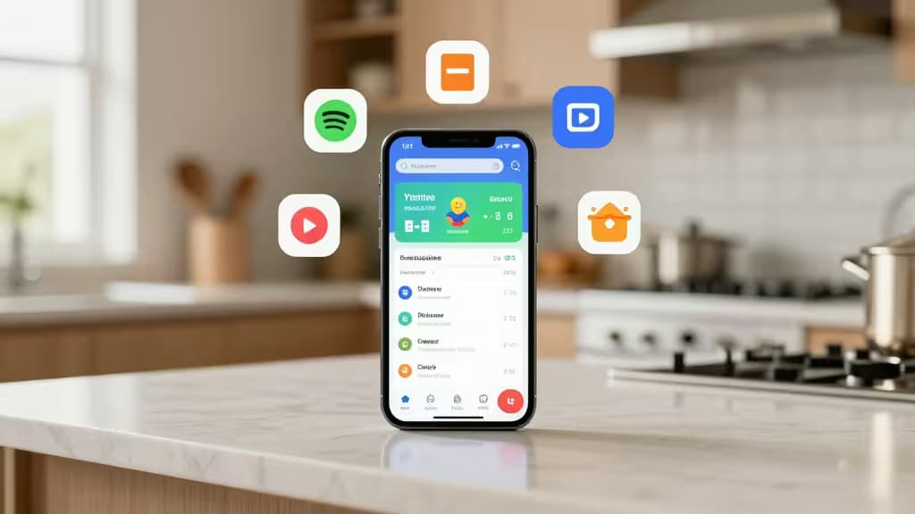 Smartphone displaying budget dashboard and floating subscription icons on marble kitchen counter.