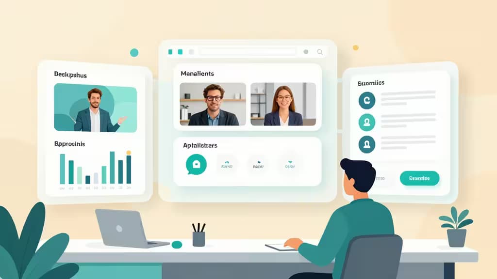 Abstract illustration of AI-powered employee onboarding with floating digital learning interface panels in teal and amber tones