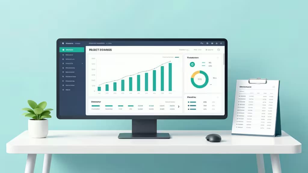 Un monitor elegante mostra una dashboard finanziaria con grafici a barre e torte, affiancato da una pianta in vaso e una cartelletta su una scrivania bianca.