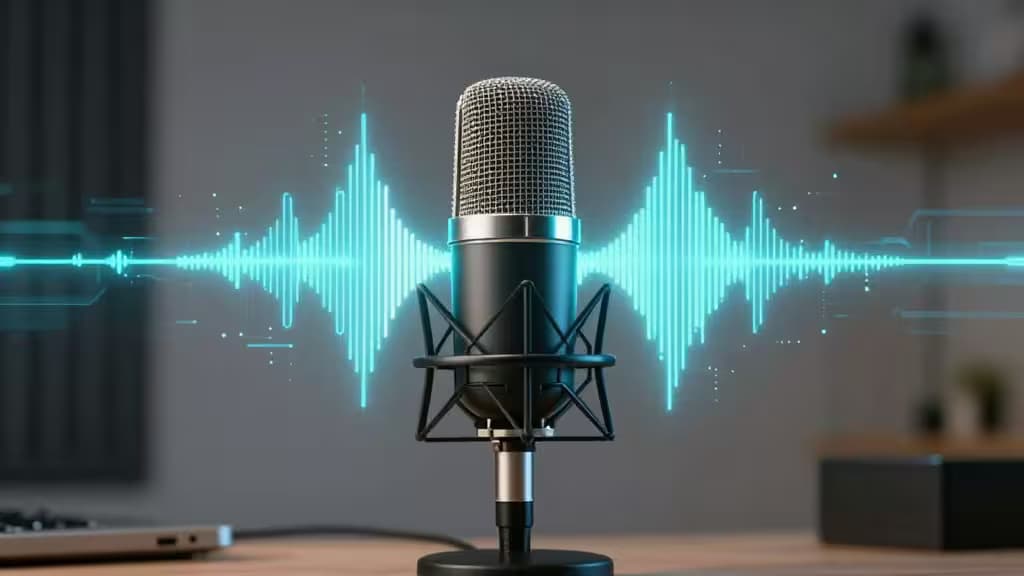 Een professionele microfoon met gloeiende audiogolven, symbool voor AI-gestuurde podcasttools voor show notes en clipgeneratie.