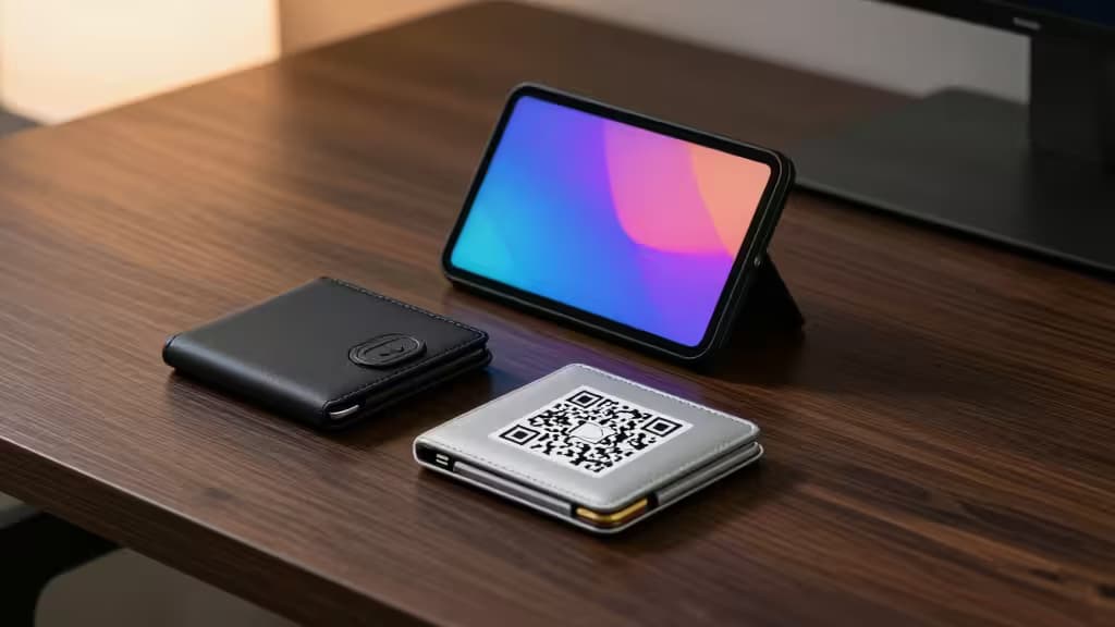 Two sleek hardware wallets rest on a wooden desk beside a tablet displaying vibrant gradients.