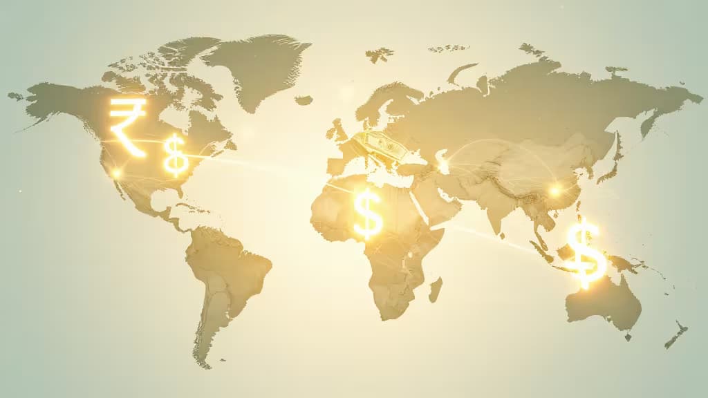 Glowing rupee and dollar symbols flow across a textured world map, illustrating global money transfers.