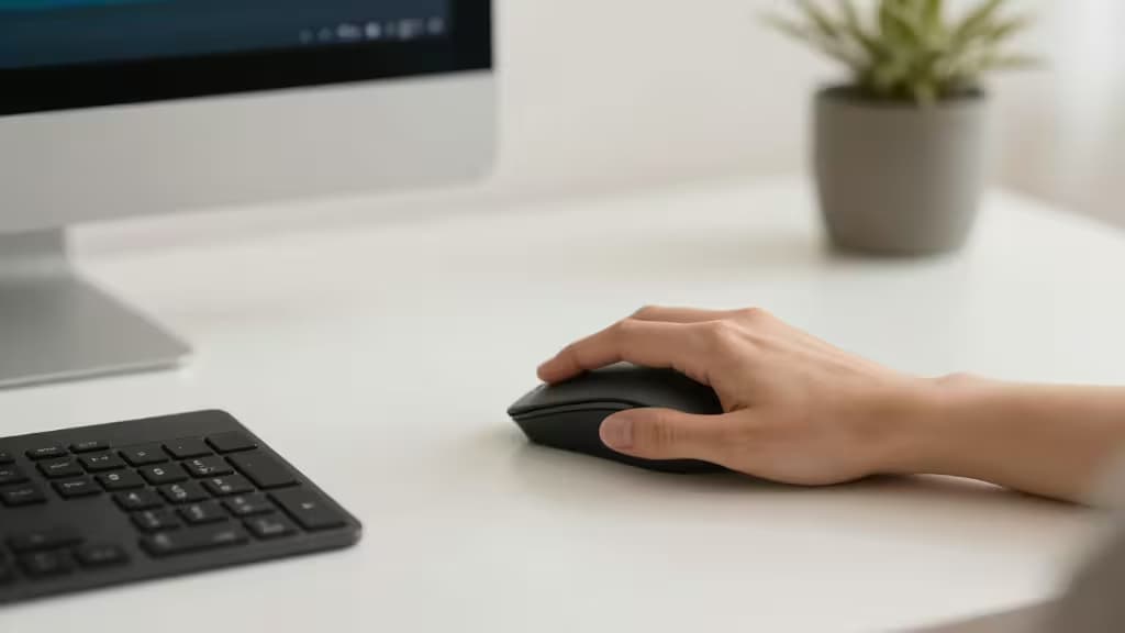A hand grips a black vertical ergonomic mouse on a white desk beside a keyboard.