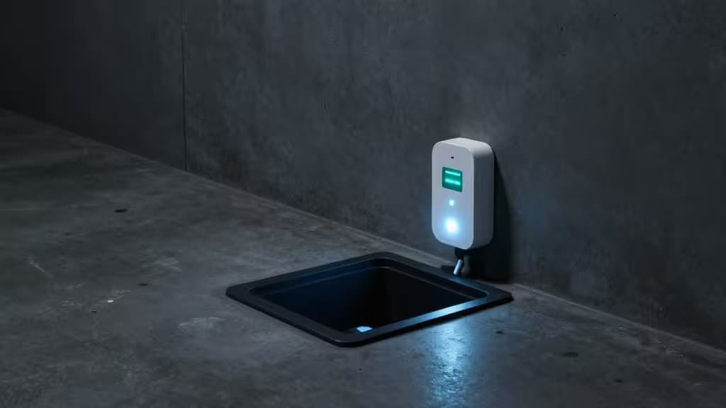 Cave de casa inteligente com fosso de bomba de sumidouro e sensor de nível de água com luz indicadora a brilhar