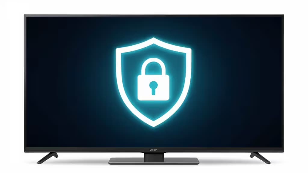 A black flat-screen TV displays a glowing blue shield and padlock icon, symbolizing secure streaming for Amazon Fire TV Stick users.