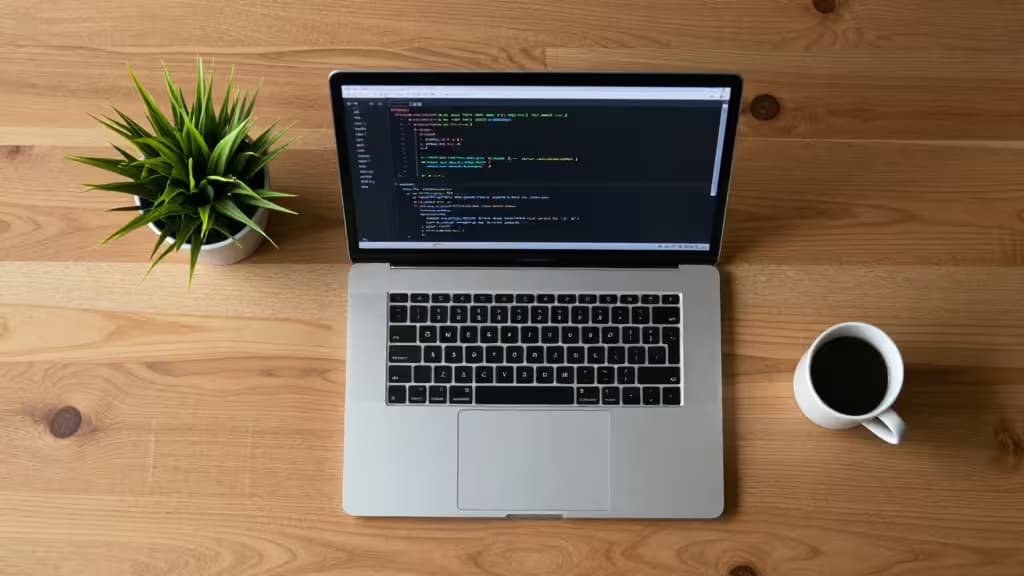 Minimalistisches Setup auf einem Holztisch: Laptop mit KI-Terminal, kleine Pflanze und Kaffeetasse – symbolisiert lokale, private KI-Nutzung ohne Cloud.