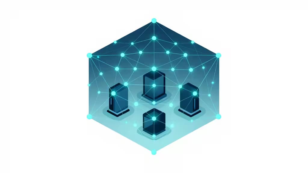 Glowing blue server nodes connect via luminous mesh lines inside a translucent cube, symbolizing secure small business VPN networks.