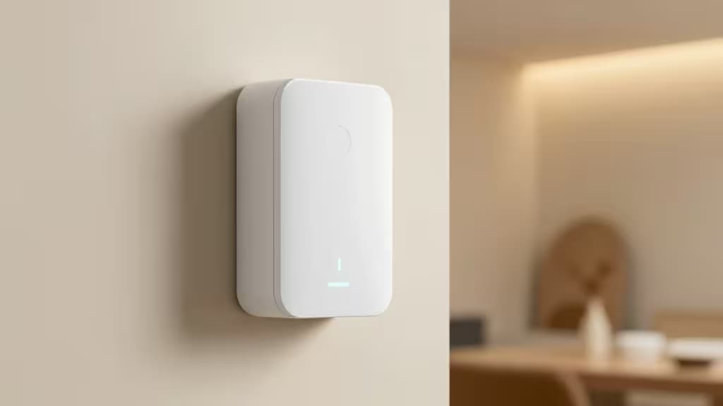 Système d'alarme connecté moderne avec capteurs muraux blancs et hub compact à LED en éclairage d'intérieur chaleureux
