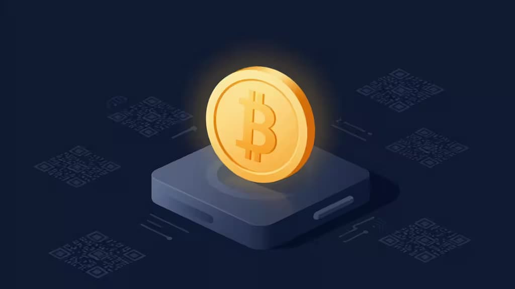 Abstrakte Illustration einer Hardware-Wallet mit goldenem Coin, QR-Code-Mustern und NFC-Signalen auf dunklem Hintergrund