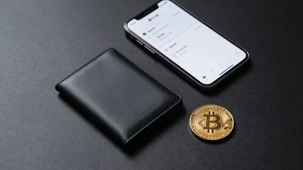 Black leather wallet, smartphone displaying crypto app, and gold Bitcoin coin on dark surface.