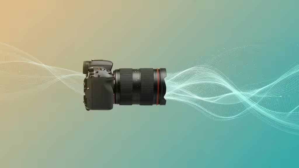 Black DSLR camera emits glowing digital waveforms against a gradient teal and gold background.